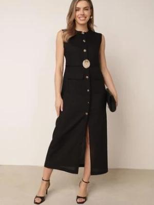 Czarna Elegancka Sukienka z Wiskozą i Lnem Zdobiona Paskiem z Aplikacją Pimeine m&d fashion