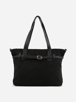 Czarna Elegancka Torebka Shopper Bag o Fakturze Zamszu z Paskiem z Klamerką Mudrey Caely