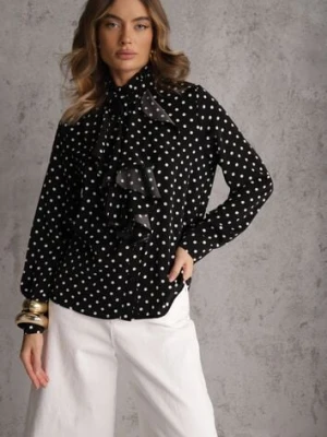 Czarna Falbaniasta Koszula z Wiskozy w Kropki ze Stójką Aegista