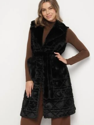 Czarna Futrzana Kamizelka z Wiązanym Paskiem i Ozdobnymi Przeszyciami Raetila yu & me