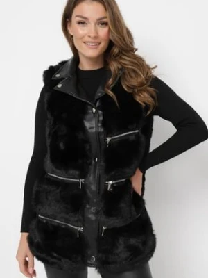 Czarna Futrzana Kamizelka ze Wstawkami z Imitacji Skóry Adamani swest