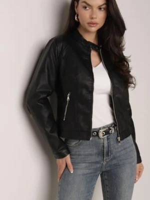 Czarna Gładka Kurtka Ramoneska o Taliowanym Kroju Tessalin