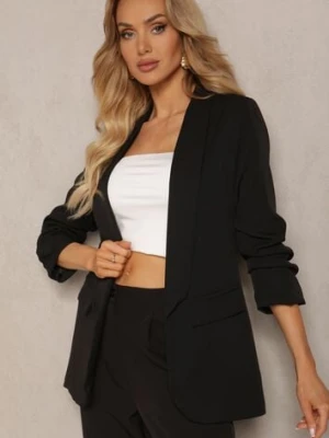 Czarna Gładka Marynarka z Rękawami 7/8 i Klapami Adylia