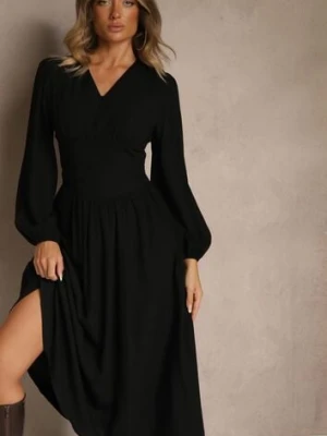 Czarna Gorsetowa Sukienka z Wiskozą z Guzikami i Bufiastymi Rękawami Ahlite unigirl