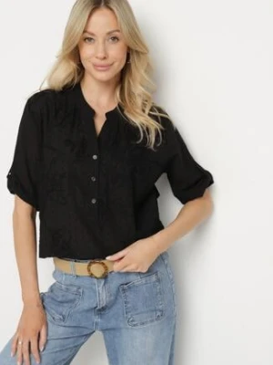 Czarna Haftowana Koszula z Bawełny z Podwijanymi Rękawami Aradwena metrofive