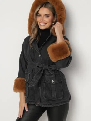 Czarna Jeansowa Kurtka z Kapturem i Paskiem oraz Futerkiem na Napy Tarasima flamode