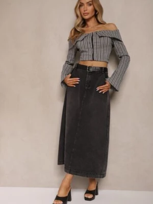Czarna Jeansowa Spódnica Maxi o Rozkloszowanym Kroju z Paskiem Teviva elsa.m by may