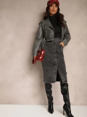 Czarna Jeansowa Spódnica Ołówkowa Midi z Guzikami i Rozcięciem Jackiesa elsa.m by may