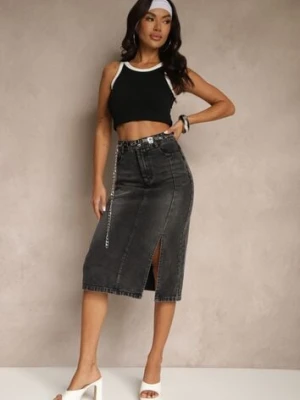 Czarna Jeansowa Spódnica z Bawełny z Łańcuchem Lilurea by may