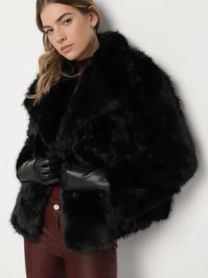 Czarna Jednorzędowa Kurtka Futerko z Szerokim Kołnierzem Conellia belcci