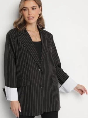 Czarna Jednorzędowa Marynarka Pudełkowa w Prążki Fonevia jumelle