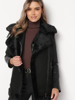 Czarna Kamizelka Bezrękawnik w Stylu Biker z Ekozamszu z Futerkiem Terone elsa.m by may