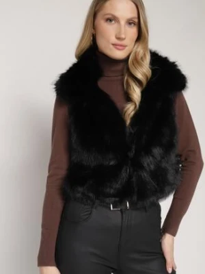 Czarna Kamizelka Futerko z Szerokim Kołnierzem i Kieszeniami Nettisa