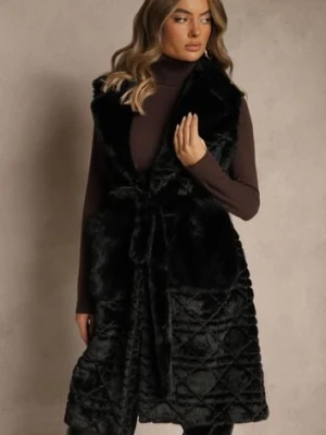 Czarna Kamizelka Futerko z Wiązanym Paskiem Zdobiona Przeszyciami Ranitila yu & me