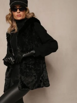 Czarna Kamizelka Futrzana z Kapturem Linie