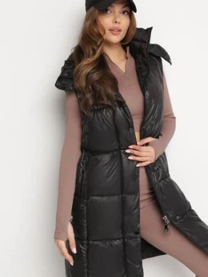 Czarna Kamizelka o Długim Pikowanym Fasonie z Odpinanym Kapturem Glonte