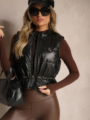 Czarna Kamizelka o Krótkim Kroju ze Ściągaczem w Talii i Naszywką Mevannae swest