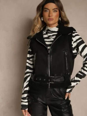 Czarna Kamizelka w Rockowym Stylu z Futerkiem w Stylu Baranka i Klamrą Tiofira j.style