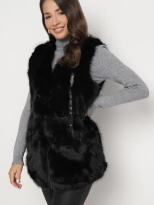 Czarna Kamizelka z Futerka Ozdobiona Wstawkami z Ekoskóry Robenissa