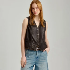 Czarna kamizelka z przecieranej imitacji skóry w stylu vintage House
