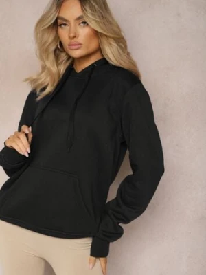 Czarna Klasyczna Bluza z Kapturem ze Ściągaczem Mozartia