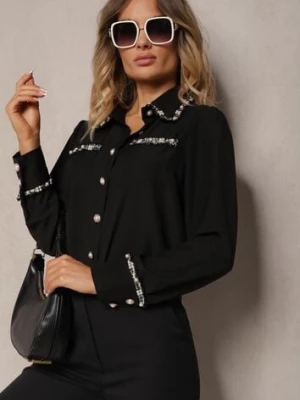 Czarna Klasyczna Koszula Ozdobiona Perłami Ondinna