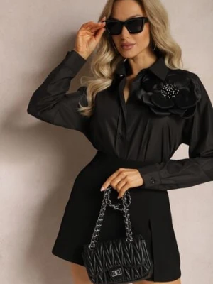 Czarna Klasyczna Koszula z Aplikacją 3D z Kwiatowym Motywem Xirena elsa.m by may