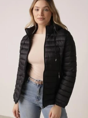 Czarna Klasyczna Kurtka Przejściowa z Pikowaniem i Odpinanym Kapturem Fezizola j.style