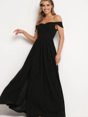 Czarna Koktajlowa Rozkloszowana Sukienka z Hiszpańskim Dekoltem i Rozcięciem na Nogę Gralia messaya