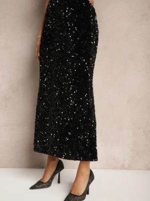 Czarna Koktajlowa Spódnica High Waist w Cekiny Melimi