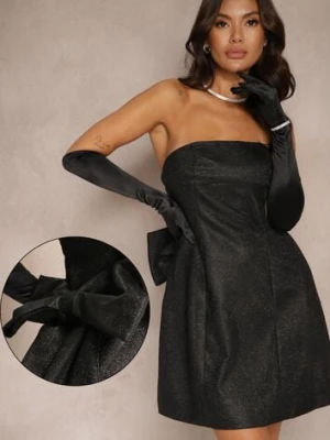 Czarna Koktajlowa Sukienka Bez Ramiączek Taliowana z Brokatem i Kokardą Salindria retro & icone
