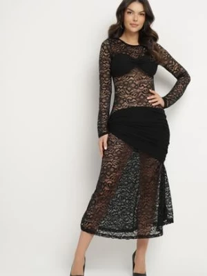 Czarna Koktajlowa Sukienka Koronkowa z Usztywnionymi Miseczkami i Marszczeniami Temias allyson