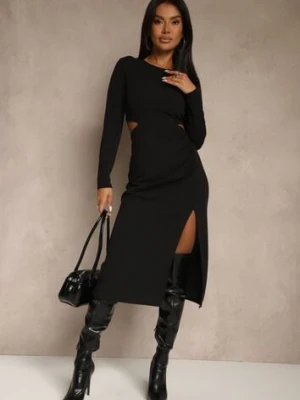 Czarna Koktajlowa Sukienka Midi Ozdobiona Rozcięciem na Dole i Wycięciami w Talii Aletines by swan