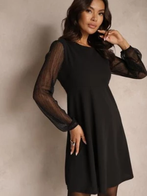 Czarna Koktajlowa Sukienka o Rozkloszowanym Kroju Ozdobiona Transparentnymi Rękawami Ilizelle lovery