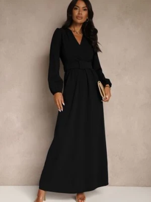 Czarna Koktajlowa Sukienka o Rozkloszowanym Kroju z Ozdobnym Paskiem Feliera messaya