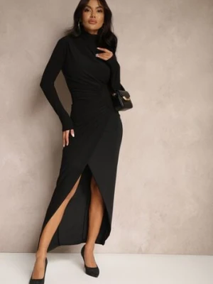 Czarna Koktajlowa Sukienka Półgolf Ozdobiona Marszczeniami Emivelleth allyson