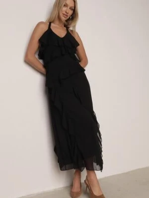 Czarna Koktajlowa Sukienka Taliowana z Falbankami Wiązana na Szyi Demeina