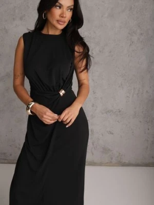 Czarna Koktajlowa Sukienka Taliowana z Marszczeniami i Metaliczną Ozdobą Zellnixi bisou's project