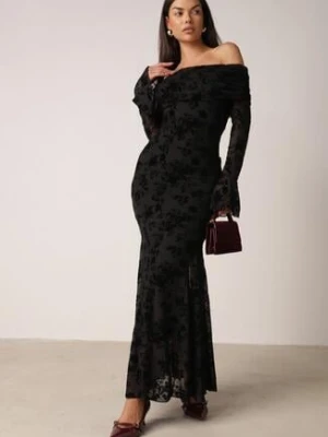 Czarna Koktajlowa Sukienka VICES z Odkrytymi Ramionami i Welurowym Wzorem Drensyss