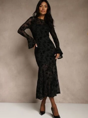 Czarna Koktajlowa Sukienka VICES z Siateczki z Welurowym Wzorem Fyreleva
