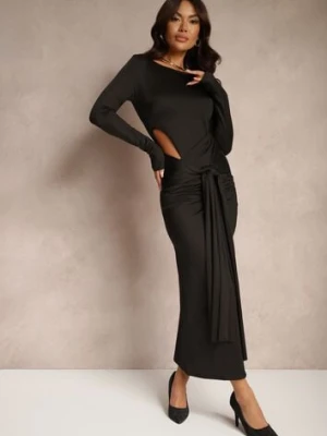 Czarna Koktajlowa Sukienka z Ozdobnym Wycięciem i Wiązaniem Vamicea allyson