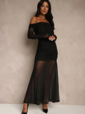 Czarna Koktajlowa Sukienka z Prześwitującymi Rękawami i Marszczeniem Haludea retro & icone