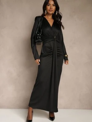 Czarna Koktajlowa Sukienka z Rozcięciem na Nogę Zdobiona Trenem Atirga allyson