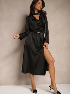 Czarna Koktajlowa Sukienka z Satyny z Ozdobnym Guzikiem Leaneris allyson