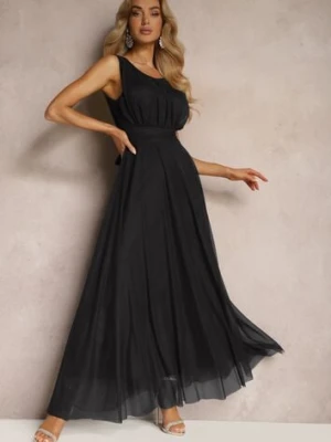 Czarna Koktajlowa Sukienka z Tiulowym Dołem Bez Rękawów Elastar lovery