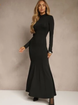 Czarna Koktajlowa Sukienka z Wiskozą i Półgolfem o Taliowanym Kroju Zozorina