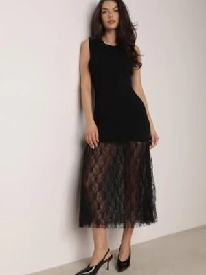 Czarna Koktajlowa Sukienka z Wiskozą i Rozkloszowanym Koronkowym Dołem Erivissa yu & me