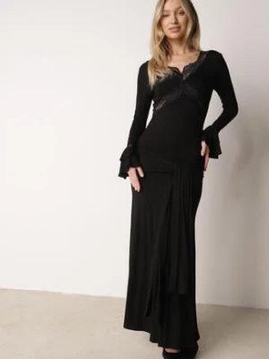 Czarna Koktajlowa Sukienka z Wiskozy Zdobiona Falbanami Koronką i Wiązaniem Felycia bisou's project