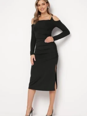 Czarna Koktajlowa Sukienka z Wyciętym Ramionami z Klamerką i Marszczeniem Glimie by swan