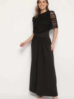 Czarna Koktajlowa Sukienka Zdobiona Marszczeniem z Siateczkową Narzutką Millanea allyson